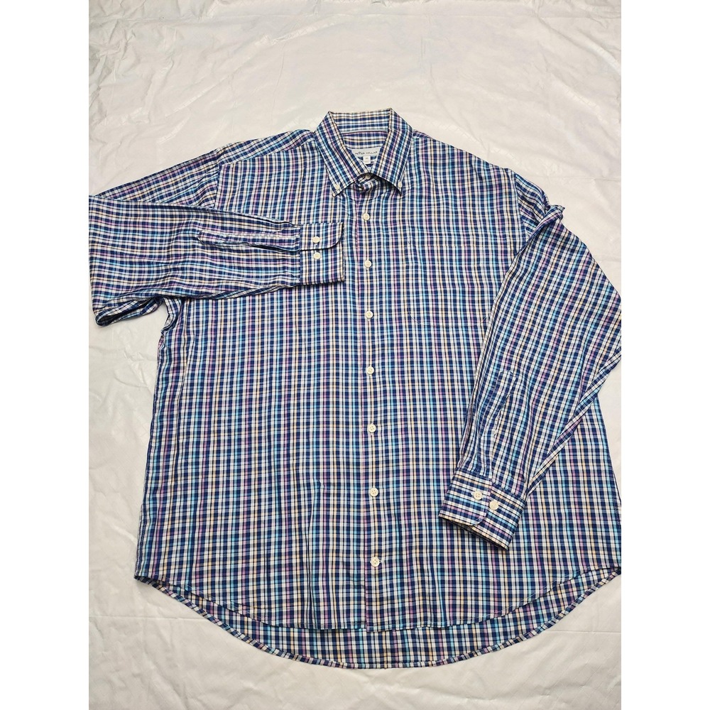 Peter Millar Shirt Mens XL Blue Plaid Cotton Silk Long Sleeve Button Up Casual
